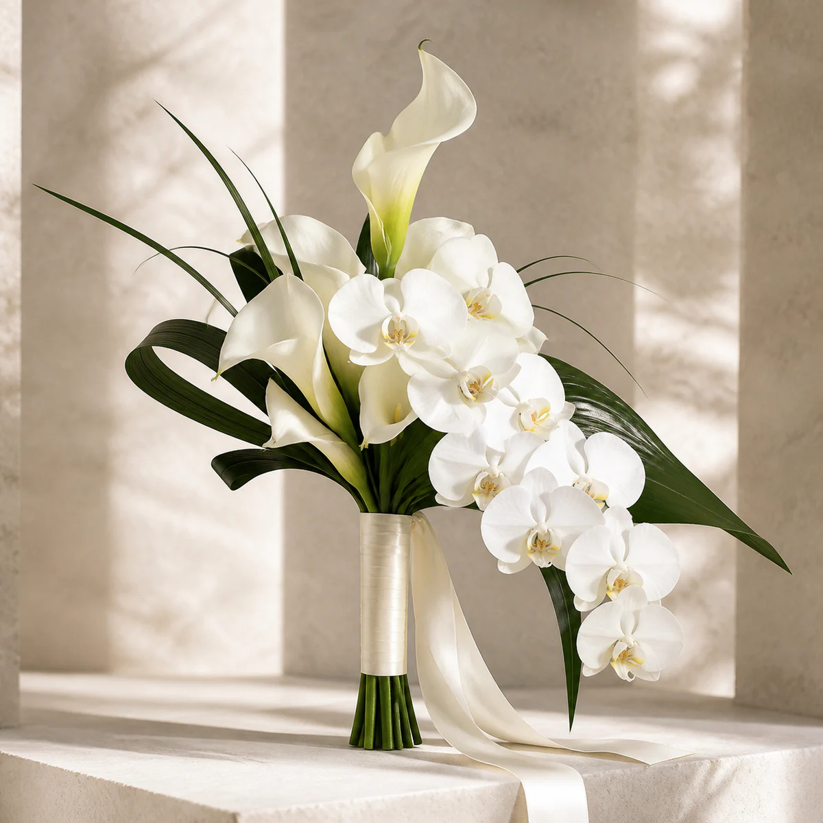Buchet de mireasă sculptural cu cale albe, orhidee Phalaenopsis și frunze grafice