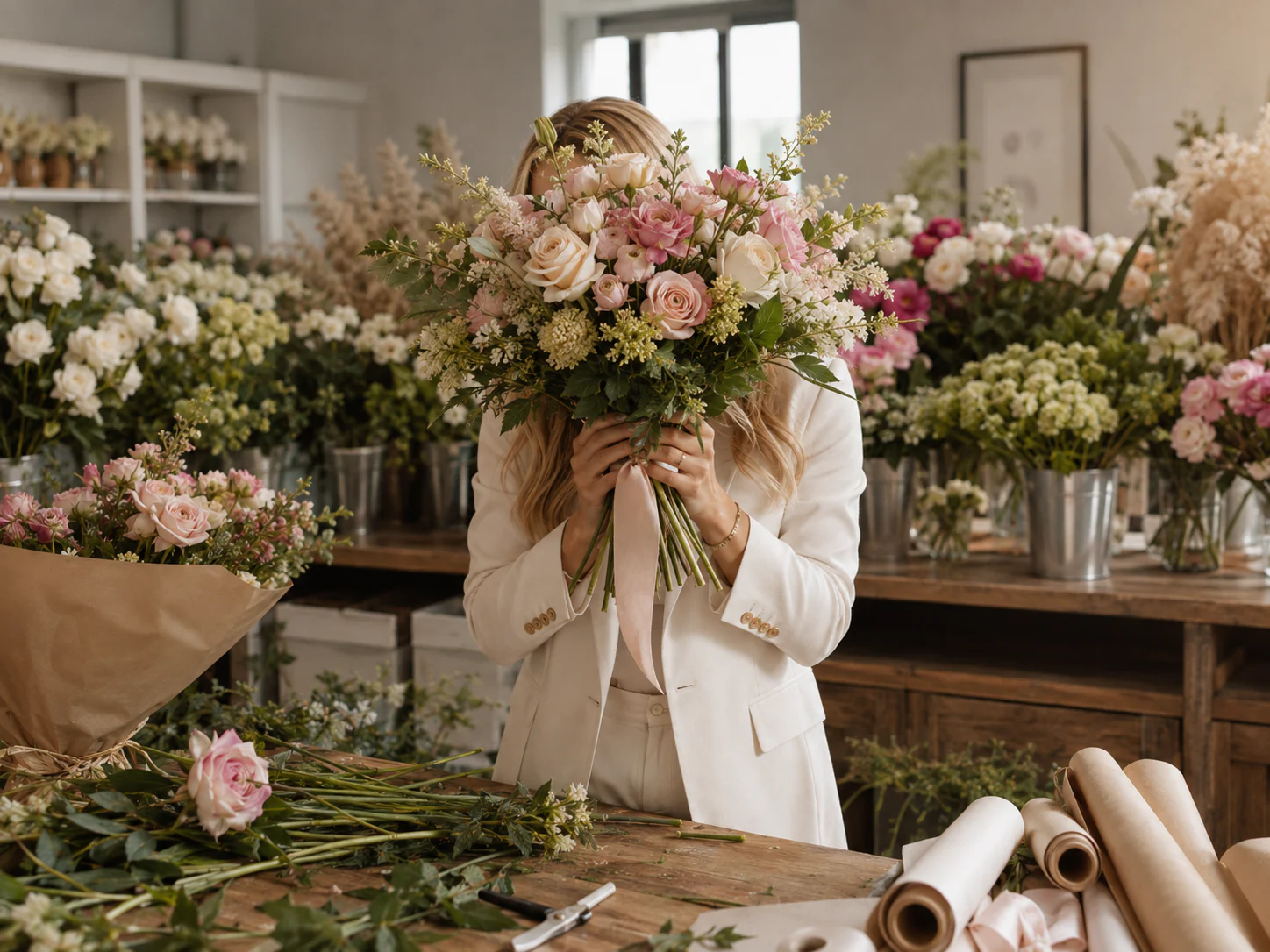 Sophie Lumière ținând un buchet amplu în atelierul floral